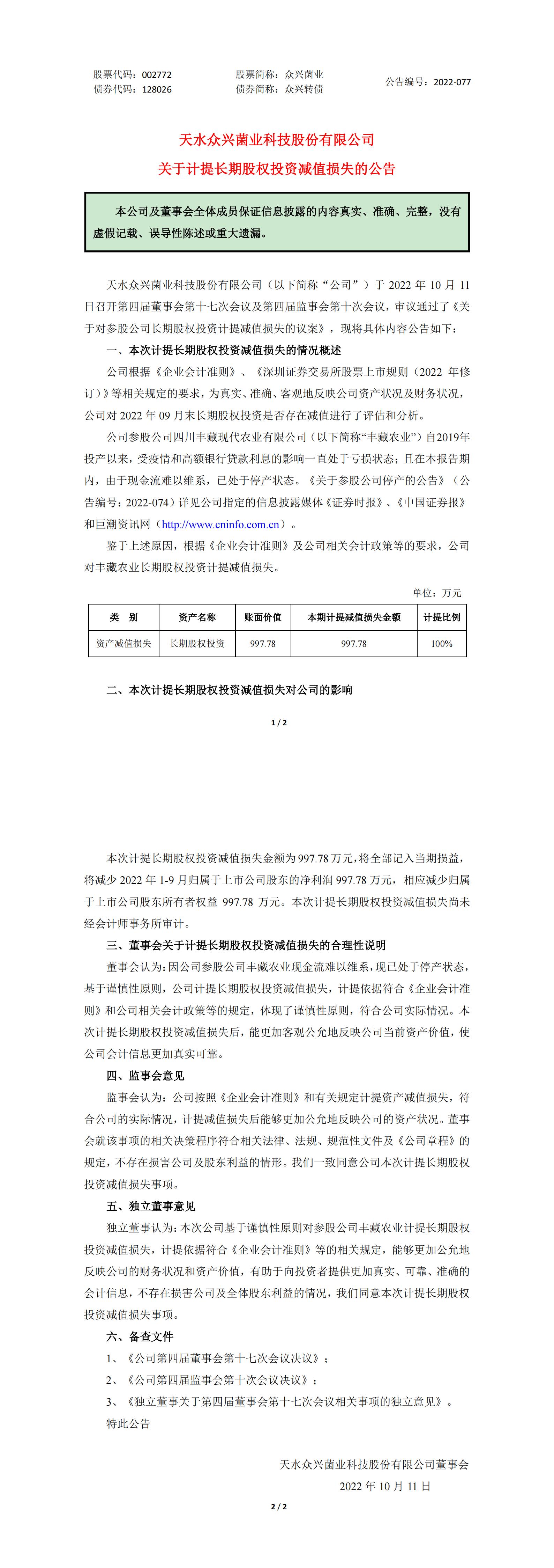 众兴菌业：关于计提长期股权投资减值损失的公告_00.jpg